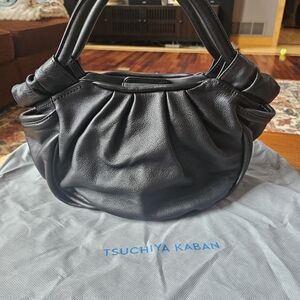 Black Leather Gathered Top-Handle Bag